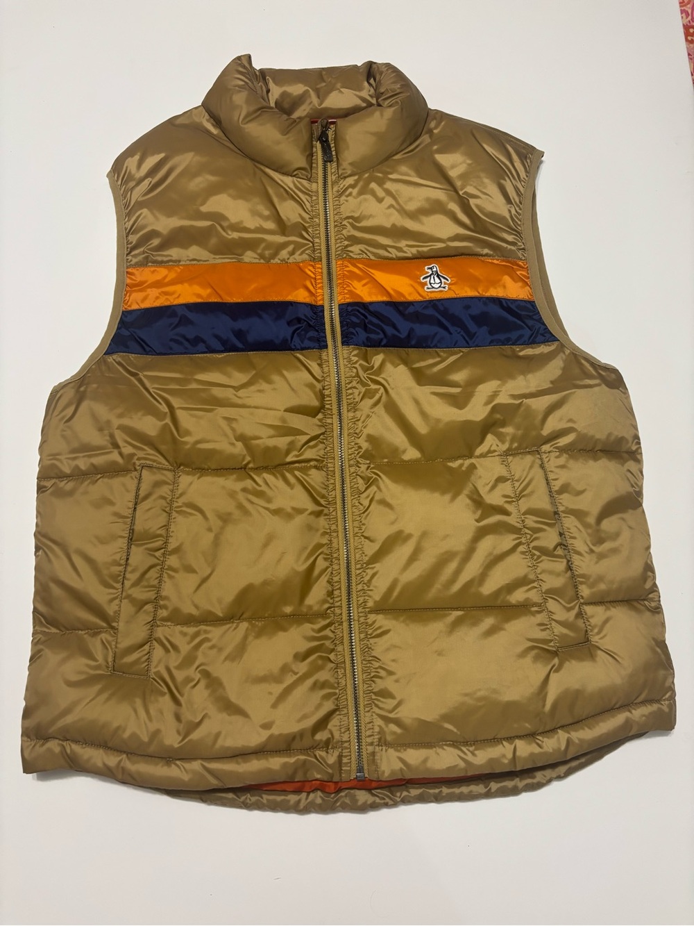Original Penguin Munsingwear Mens M Puffer Vest Tan Orange Navy Stripe Full Zip